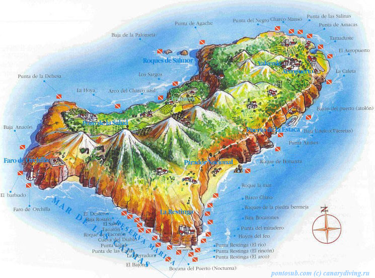 Карта острова Йерро с обозначением основных мест для дайвинга.